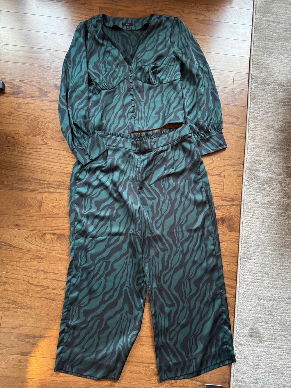 JCrew Womens Green Zebra-Print Satin Wide Leg Set size 14